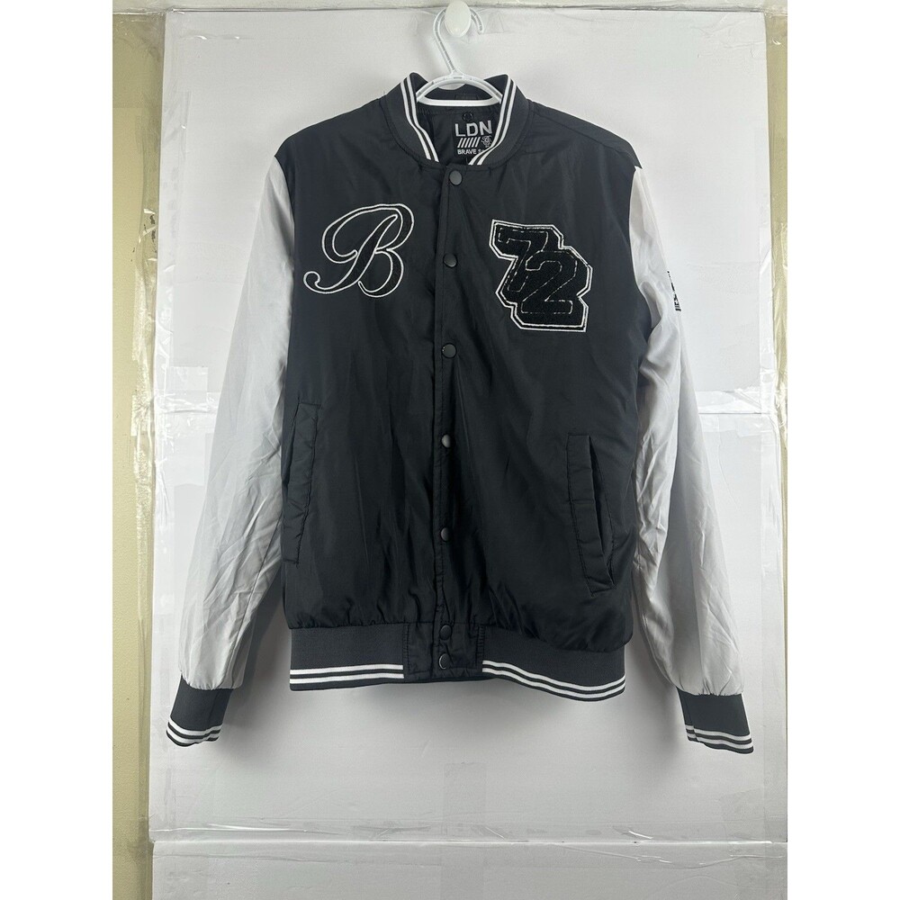 Brave Soul LDN Varsity Bomber Jacket Mens M Black White B72 Chenille Snap Front